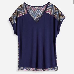 Stitch Fix Pixley Indianan Graphic Print Mixed Material Tee Navy Small